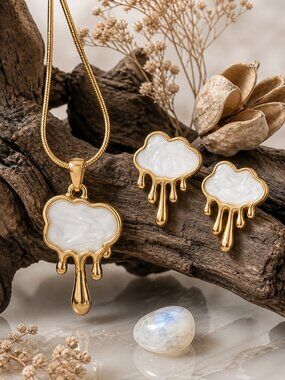 18K Gold Plated SS Surrealist Drip Art Melting Cloud Enamel Necklace Earring Set